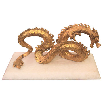 Spectacular Large Gold Dragon Sculpture | White Marble Mythical Creature Asian