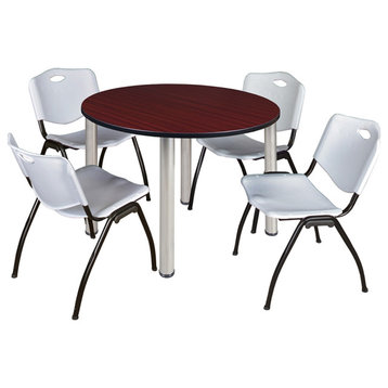 Kee 48 Round Breakroom Table- Mahogany/ Chrome & 4 'M' Stack Chairs- Grey