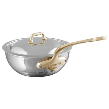 Mauviel M'Cook B Curved Splayed Saute Pan With Lid & Brass Handle, 1.1-qt