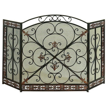 Traditional 3 Panel Metal Fire Screen With Filigree Design, Bronze