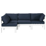 Meridian Furniture - Nizuc Water Resistant Patio L-Shaped Modular Sectional, Navy, 4-Piece: 2 Armless Chair, 2 Corner Chair, White Aluminum Frame - Pick and choose your favorites from the Nizuc collection to create a modular seating group the whole gang will enjoy. The sturdy aluminum frame provides dependable support for friends and family as they relax and unwind, and the resilient navy water resistant fabric stands up to the elements without losing its beautiful demeanor, so you can count on it lasting for the long haul. Latches beneath these seating pieces help you easily attach them to one another for convenient setup.