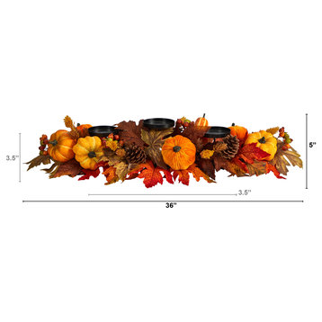36" Autumn Maple Leaves, Pumpkin and Berries Harvest Candelabrum Arrangement