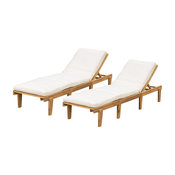 GDF Studio Paolo Outdoor Teak Brown Wood Chaise Lounge With Cushions, Set of 2