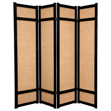 Traditional Room Divider, Wooden Frame With 4 Hinged Woven Jute Panels, Black
