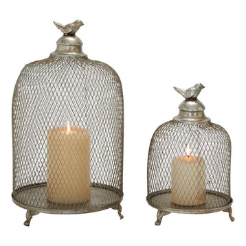 Set of 2 Silver Metal Contemporary Lantern, 17", 12" 52990