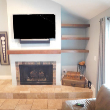 Custom Walnut Floating Fireplace Mantel and Floating Shelves