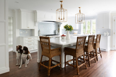 Eat-in kitchen - large transitional l-shaped dark wood floor and brown floor eat-in kitchen idea in Minneapolis with a farmhouse sink, shaker cabinets, white cabinets, quartz countertops, blue backsplash, porcelain backsplash, stainless steel appliances, an island and white countertops