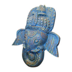 Mogul Interior - Consigned Antique Ganesha Hand-Carved Wall Hanging Blue Masks For Good Luck - Decorative Objects And Figurines