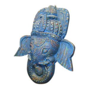 Mogul Interior - Consigned Antique Ganesha Hand-Carved Wall Hanging Blue Masks For Good Luck - Decorative Objects And Figurines