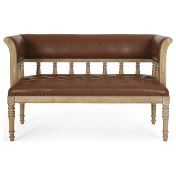 Niemi Traditional Upholstered Tufted Loveseat, Cognac + Natural, Faux Leather