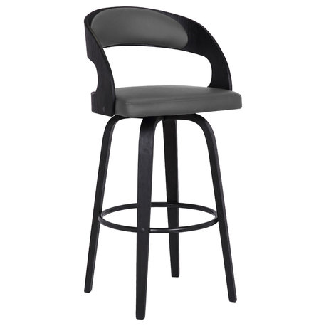 Leaver 30" Swivel Barstool, Black Brush Wood Finish and Gray Faux Leather