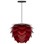 UMAGE - Aluvia Hardwired Pendant, Mini, Ruby/Black - Modern. Elegant. Striking. The VITA Aluvia is an artistic assemblage of 60 precision-cut aluminum leaves, overlapping each other on a durable polycarbonate frame. These metal leaves surround the light source, emitting glare-free, ambient light.  The underside of each leaf is painted white for increased light reflection, and the exterior is finished in one of six designer colors. Available in two sizes, the Medium (18.9"h x 23.3"w) can be used as a pendant or hanging wall lamp, while the Mini (11.8"h x 15.7"w) is available as a pendant, table lamp, floor lamp or hanging wall lamp. Hang it over the dining table, position it in a corner, or use as a statement piece anywhere; the Aluvia makes an artistic impact in any room.