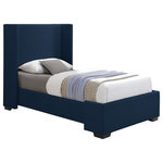 Meridian Furniture - Oxford Linen Textured Fabric Upholstered Bed, Navy, Twin - Treat yourself to a fresh new look in your bedroom sanctuary with this twin-size Oxford linen textured bed. This bed features an oversized wing-back headboard for a majestic appearance and is upholstered in rich navy linen textured fabric all over, adding an element of elegance to your room. The espresso legs contrast nicely with the fabric, bringing this midcentury modern design to life. As a bonus, this bed requires no box spring.
