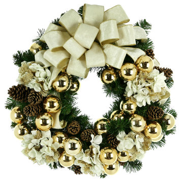 26" Evergreen Wreath with Berries, Pinecones, Ornaments and a Bow, White and Gold