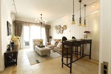Inspiration for a large rustic open concept travertine floor and beige floor game room remodel in Tampa with beige walls and no fireplace