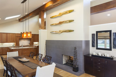Dining room - mid-century modern dining room idea in Detroit with a two-sided fireplace and a stone fireplace