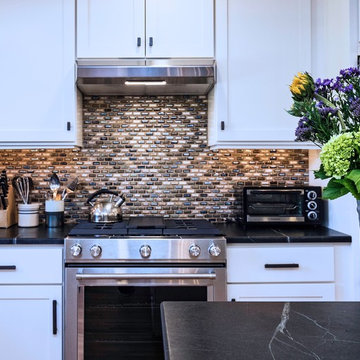 Modern B&W Kitchen Remodel | Textured Mosaic Backsplash & Charcoal Quartz