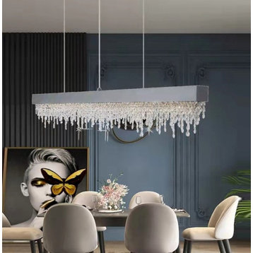 Gold/Chrome/Black Modern Rectangle Chandelier for Dining Room, Chrome, L39.4"