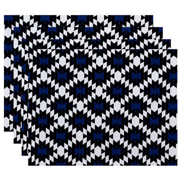 18"x14" Jodhpur Kilim, Geometric Print Placemat, Navy Blue, Set of 4