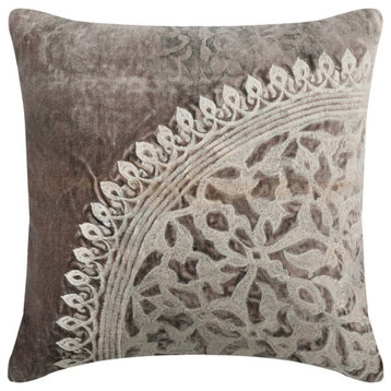 Designer 26"x26" Embroidery Grey Velvet Throw Pillow Covers - Mystic Mira
