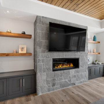 Floating Shelves, Stone Mantel, Electric Fireplace