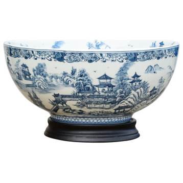 Chinese Blue and White Blue Willow Porcelain Bowl With Base, 14"