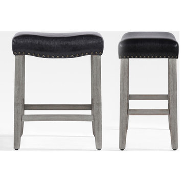 WestinTrends 2PC 24" Upholstered Saddle Seat Backless Counter Height Stool Set, Black