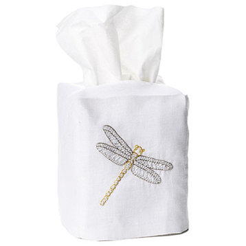 Dragonfly Tissue Box Cover, White Linen