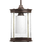 Progress Lighting - Progress Lighting 1-100W Medium Hanging Lantern, Antique Bronze - One-light hanging lantern has a double shade - opal glass surrounded by oval clear seeded glass. This vintage electric styling has Natural Brass tubing inside the clear seeded glass. This stem hung pendant can be used indoors or outdoors