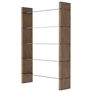 Benzara BM279521 Modern Bookcase, 5 Glass Shelves, Wood Side Panels, Walnut