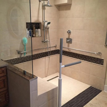 Barrier free tile shower with built in tile bench
