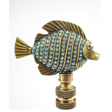 Tropical Fish Lamp Finial with Aegean Blue Glass Antique Brass Finish 2.25"h