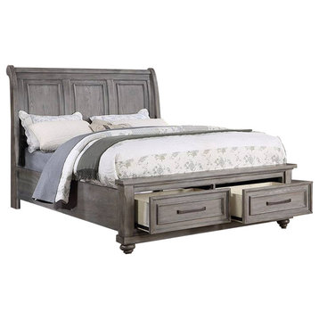 Demi California King Bed, Sleigh Headboard, Storage Drawers, Oak Gray Wood