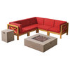 GDF Studio 7-Piece Cytheria Outdoor Sectional Acacia Wood Sofa Set With Fire Pit, Red