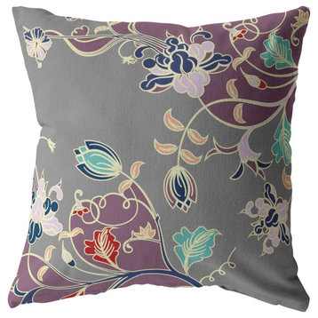 26" Purple Gray Garden Indoor Outdoor Throw Pillow