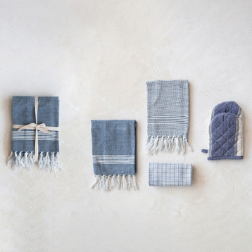 Cotton Blend Tea Towels with Patterns and Fringe, 3-Piece Set, Blue and White