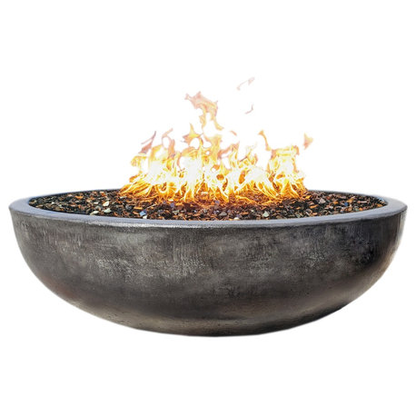 48" Concrete Fire Pit Bowl, Charcoal, Crushed Black Lava Filling, Propane Gas