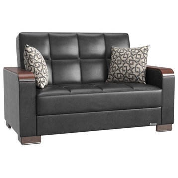 Futon Loveseat, Tufted Seat and Wood Arms, Black Leatherette