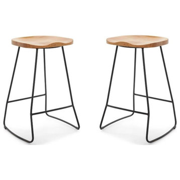 Home Square Metal and Wood Counter Stool in Light Beige - Set of 2