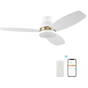 CARRO 52" Low Profile Flush Smart Ceiling Fan With Dim LED Light and Remote, White/Gold