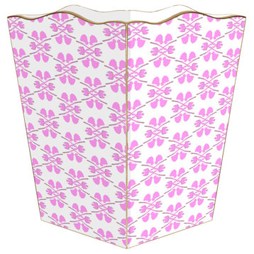 WB457LP-Laura Park Clover Pink Wastepaper Basket, Scalloped Top and Wood Tissue Box Cover