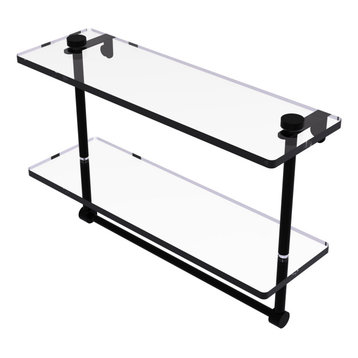 16" Two Tiered Glass Shelf with Integrated Towel Bar, Matte Black
