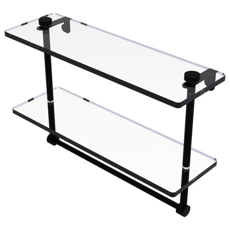 16" Two Tiered Glass Shelf with Integrated Towel Bar, Matte Black