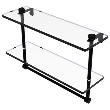 16" Two Tiered Glass Shelf with Integrated Towel Bar, Matte Black