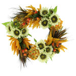 Creative Displays - 23" Sunflower, Pampas and Berry Fall Wreath - Welcome fall into your home or office with the 23" Autumn Luxury Wreath. This distinctive, handmade wreath features a combination of nature-inspired beauty created to impress. The natural-looking grapevine base is artfully decorated with white sunflowers, orange hydrangeas, orange pampas, orange berries, and wheat to represent the best of the season. Crafted with faux materials, this piece will look flawless for years to come—all without any maintenance or the need for watering. Plus, it's ready to hang, making it a swift and stylish adornment for any décor.