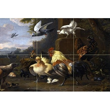 Tile Mural an Eagle a Cockerell Hens and Other Birds, Ceramic Glossy
