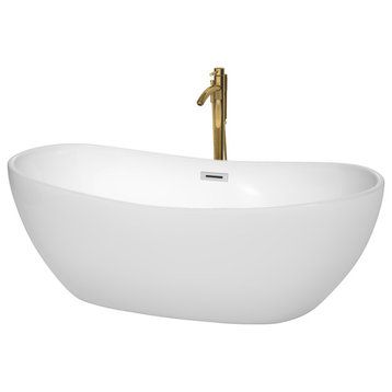 65" Freestanding Bathtub, White, Chrome Trim, Floor Mounted Faucet, Gold