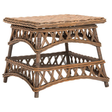 Traditional Side Table, Rattan Construction With Square Top & Crossed Accents