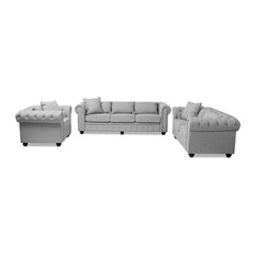 Alaise Linen Tufted Scroll Arm Chesterfield 3-Piece Living Room Set, Gray