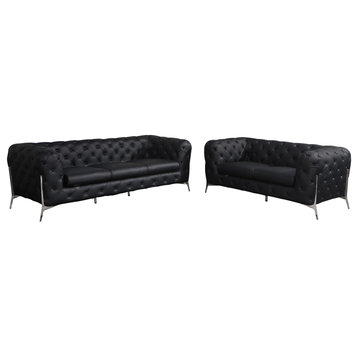 Angelica Italian Leather Sofa and Loveseat Set, Black